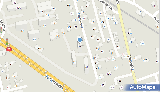 Krosno, Piastowska, 60, mapa Krosna