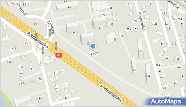 Krosno, Piastowska, 64A, mapa Krosna