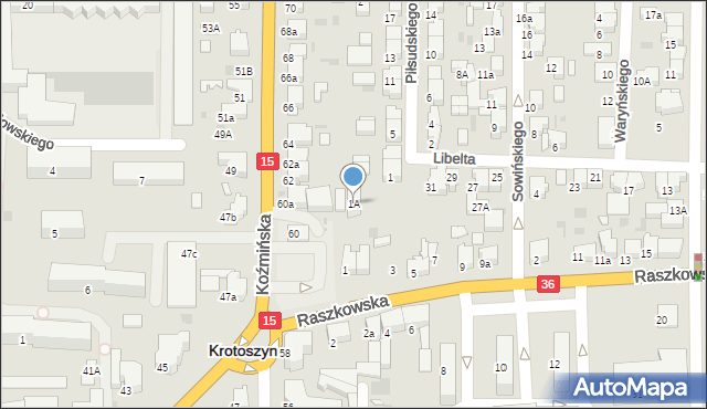 Krotoszyn, Piłsudskiego Józefa, marsz., 1A, mapa Krotoszyna