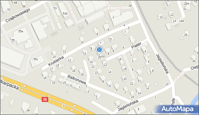 Krosno, Plater Emilii, 10, mapa Krosna