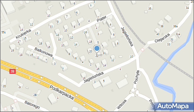 Krosno, Plater Emilii, 22, mapa Krosna