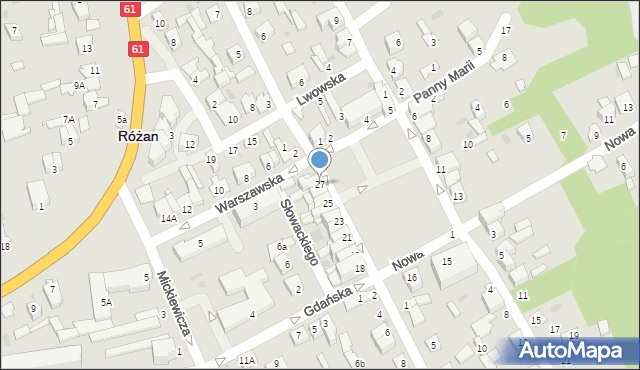 Różan, Plac Obrońców Różana, 27, mapa Różan