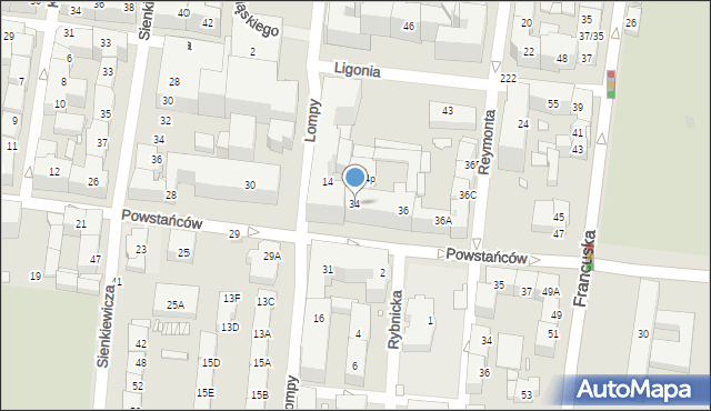 Katowice, Powstańców, 34, mapa Katowic