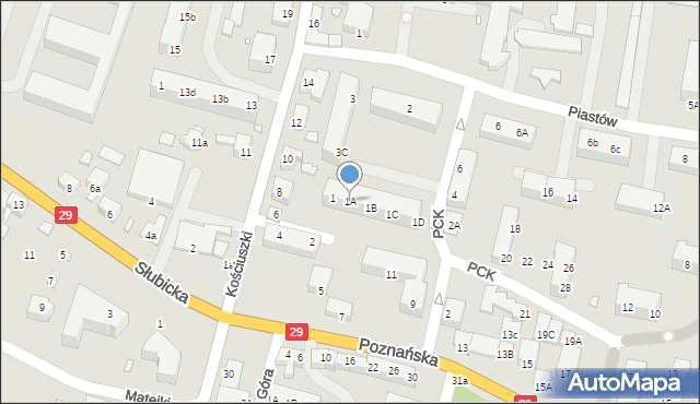 Krosno Odrzańskie, Polskiego Czerwonego Krzyża, 1A, mapa Krosno Odrzańskie