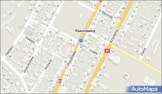 Rakoniewice, Pocztowa, 1a, mapa Rakoniewice