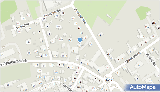 Żory, Powstańców, 7, mapa Żor