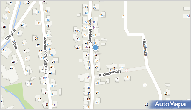 Cieszyn, Przepilińskiego Hieronima, 34, mapa Cieszyna