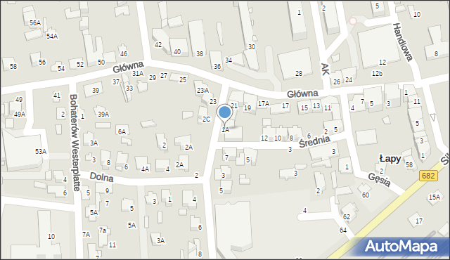 Łapy, Przechodnia, 1A, mapa Łapy