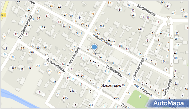 Szczerców, Pułaskiego, 18, mapa Szczerców
