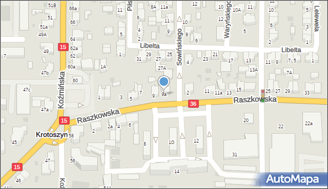 Krotoszyn, Raszkowska, 9a, mapa Krotoszyna