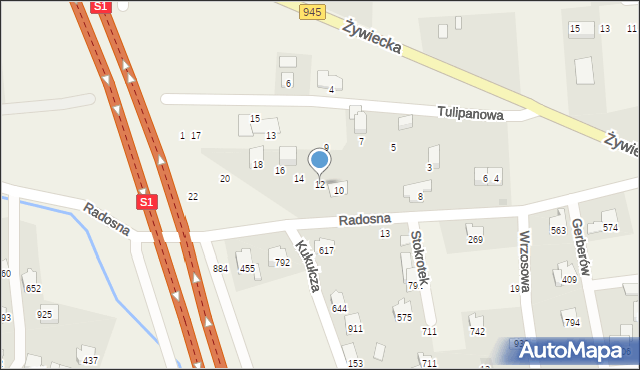 Łodygowice, Radosna, 12, mapa Łodygowice