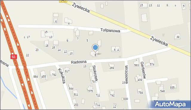 Łodygowice, Radosna, 8, mapa Łodygowice