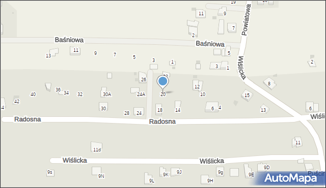 Skoczów, Radosna, 20, mapa Skoczów