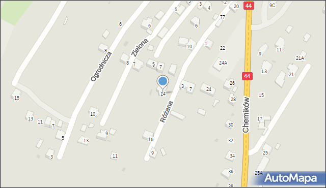 Oświęcim, Różana, 14, mapa Oświęcimia