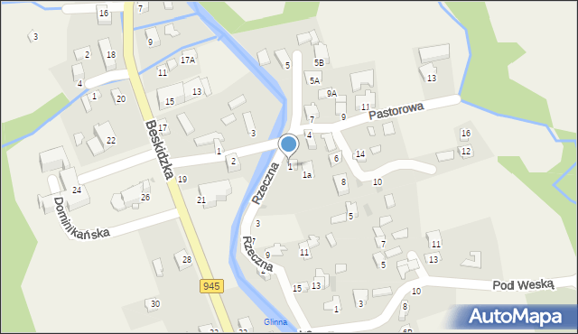 Korbielów, Rzeczna, 1, mapa Korbielów