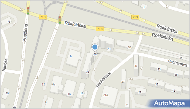 Łódź, Sacharowa Andrieja, 26, mapa Łodzi
