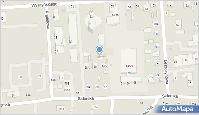 Biała Podlaska, Sidorska, 62B, mapa Białej Podlaskiej