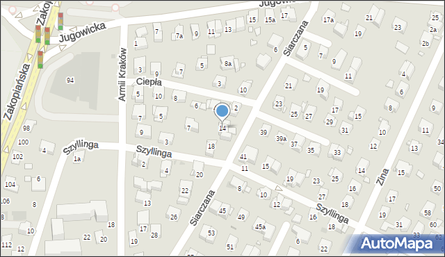 Kraków, Siarczana, 14, mapa Krakowa