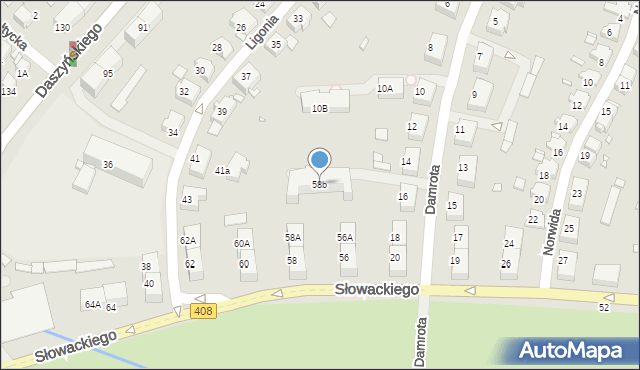 Gliwice, Słowackiego Juliusza, 58b, mapa Gliwic
