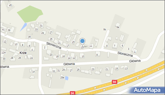 Krze, Słoneczna, 13, mapa Krze