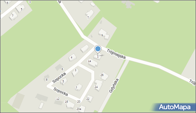 Zielona Góra, Sopocka, 1, mapa Zielona Góra