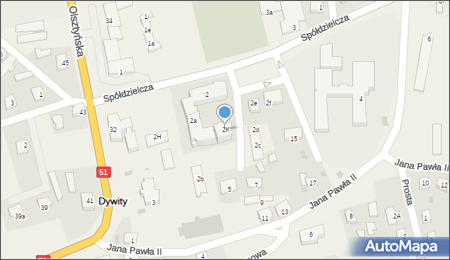 Dywity, Spółdzielcza, 2K, mapa Dywity