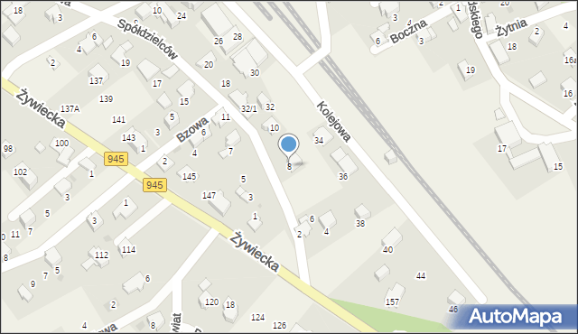 Łodygowice, Spółdzielców, 8, mapa Łodygowice