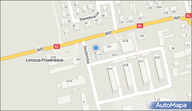 Łomża, Studencka, 1, mapa Łomży