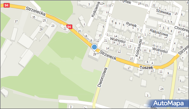Toszek, Strzelecka, 19, mapa Toszek