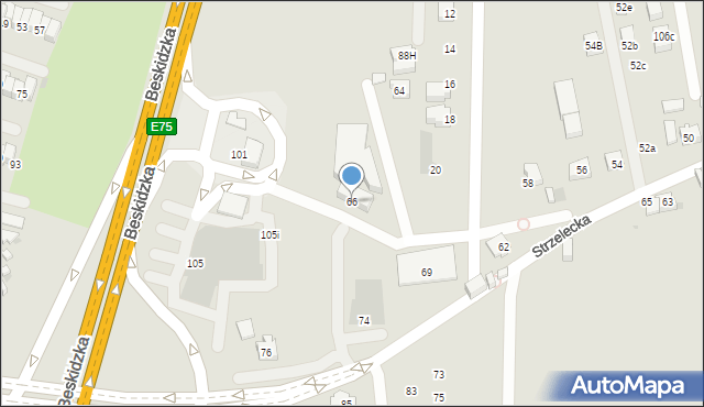 Tychy, Strzelecka, 66, mapa Tych&oacute;w