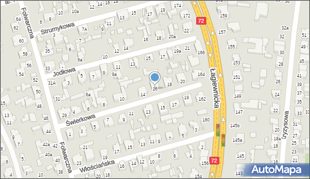 Łódź, Świerkowa, 16, mapa Łodzi
