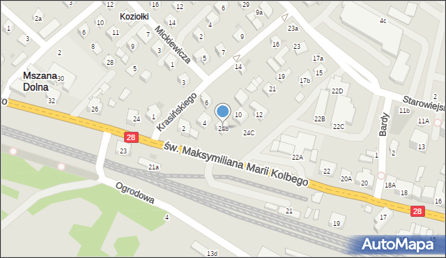 Mszana Dolna, św. Maksymiliana Marii Kolbego, 24b, mapa Mszana Dolna