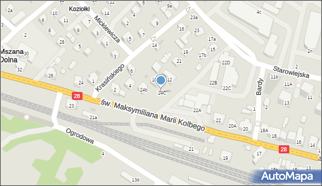 Mszana Dolna, św. Maksymiliana Marii Kolbego, 24C, mapa Mszana Dolna