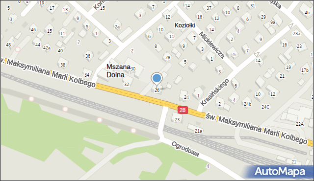 Mszana Dolna, św. Maksymiliana Marii Kolbego, 26, mapa Mszana Dolna
