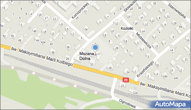 Mszana Dolna, św. Maksymiliana Marii Kolbego, 30, mapa Mszana Dolna