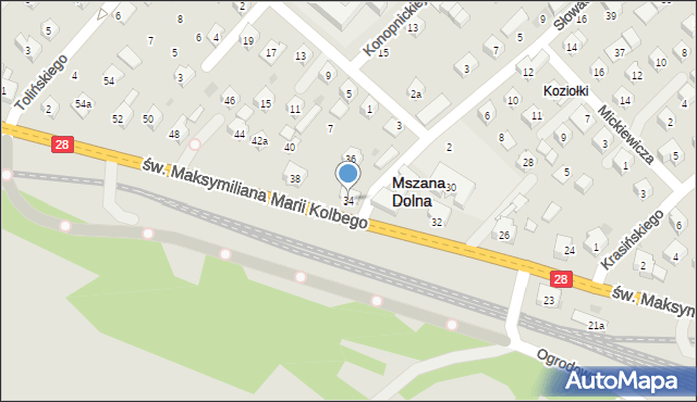 Mszana Dolna, św. Maksymiliana Marii Kolbego, 34, mapa Mszana Dolna