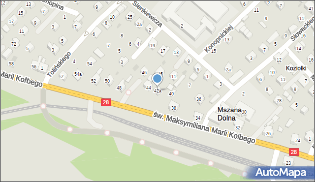 Mszana Dolna, św. Maksymiliana Marii Kolbego, 42a, mapa Mszana Dolna