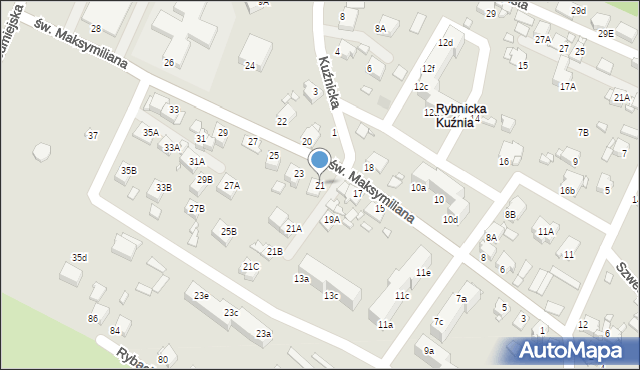 Rybnik, św. Maksymiliana, 21, mapa Rybnika