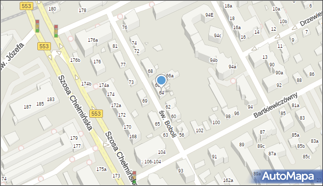 Toruń, św. Boboli Andrzeja, 64, mapa Torunia