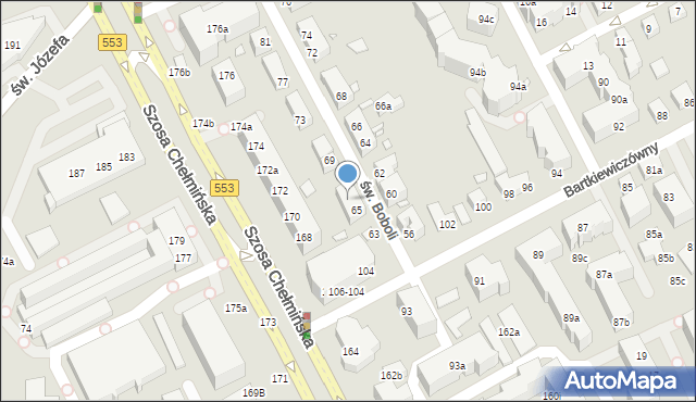 Toruń, św. Boboli Andrzeja, 67, mapa Torunia