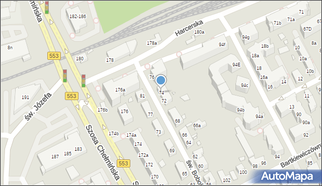 Toruń, św. Boboli Andrzeja, 74, mapa Torunia