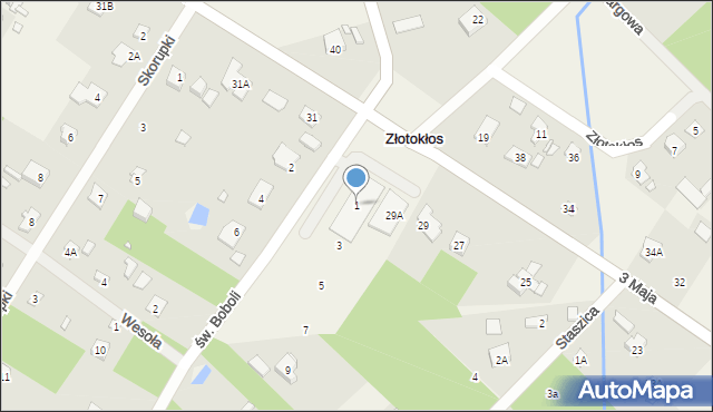 Złotokłos, św. Boboli Andrzeja, 1, mapa Złotokłos