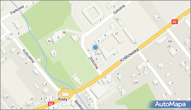 Kozy, Szkolna, 2, mapa Kozy