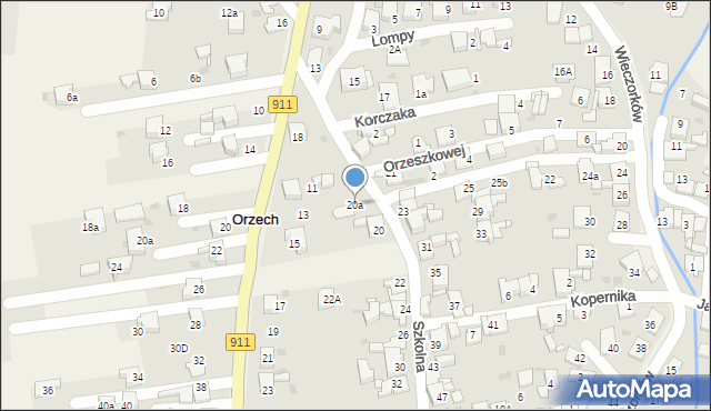 Orzech, Szkolna, 20a, mapa Orzech