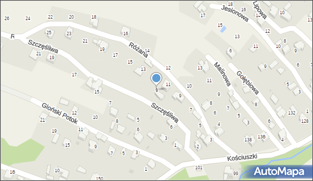 Pietrzykowice, Szczęśliwa, 9, mapa Pietrzykowice