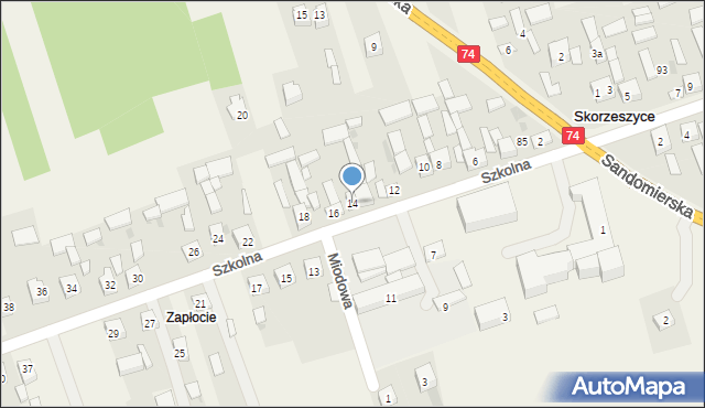 Skorzeszyce, Szkolna, 14, mapa Skorzeszyce