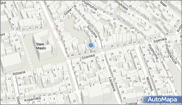Toruń, Szeroka, 32b, mapa Torunia
