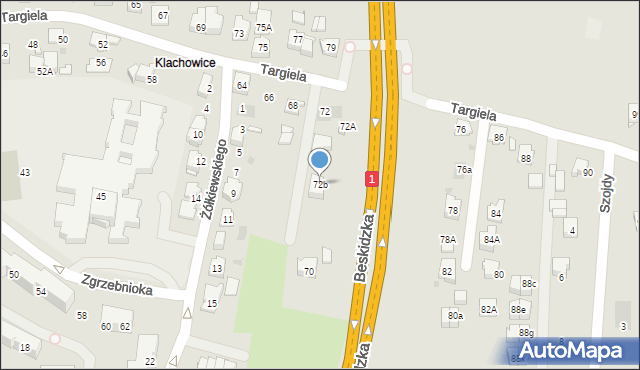 Tychy, Targiela Jana, 72b, mapa Tych&oacute;w