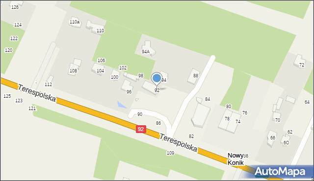 Nowy Konik, Terespolska, 92, mapa Nowy Konik