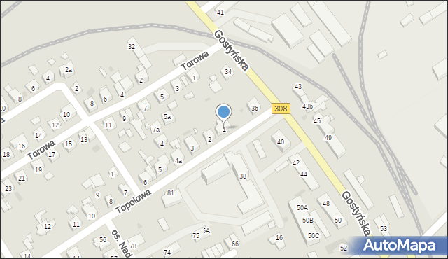 Kościan, Topolowa, 1, mapa Kościan